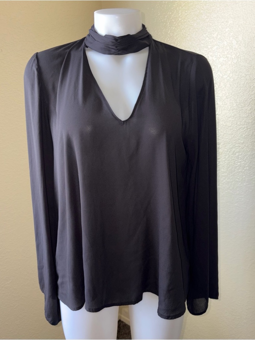 Lush Black V-Neck Long Sleeve Top with Neck Scarf